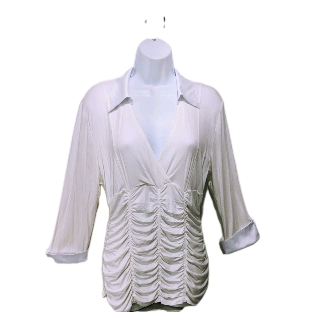 INC International Concepts Ruched Vamp Button Shirt L Dark Whimsical #8800
